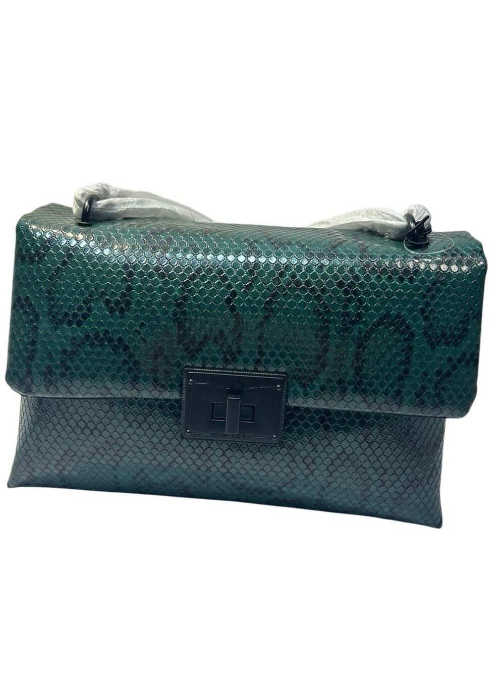 Nicole Miller New York Green Snake Embossed Flap Crossbody Bag Black Chain Strap